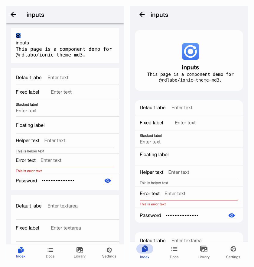 The same screen in Ionic's standard md mode and ionic-theme-md3
