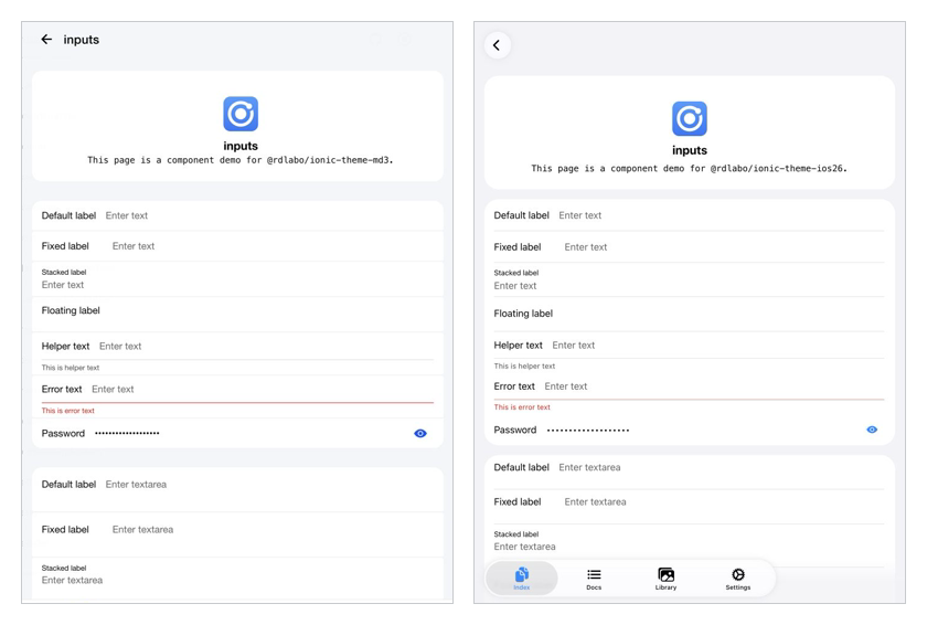 The same HTML rendered with Material Design 3 and iOS 26 themes
