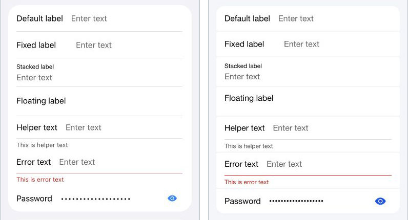 Inputs with Helper and Error text in the iOS26 and MD3 themes
