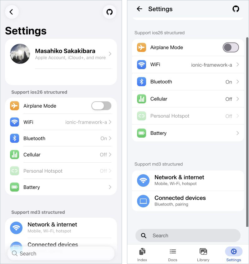 iOS26 and MD3 Settings screens with a small amount of page-specific CSS
