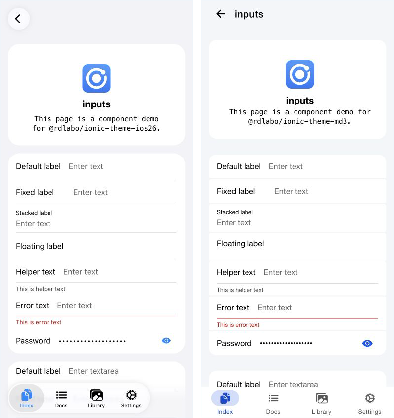 The same Ionic component markup rendered with iOS 26 and Material Design 3