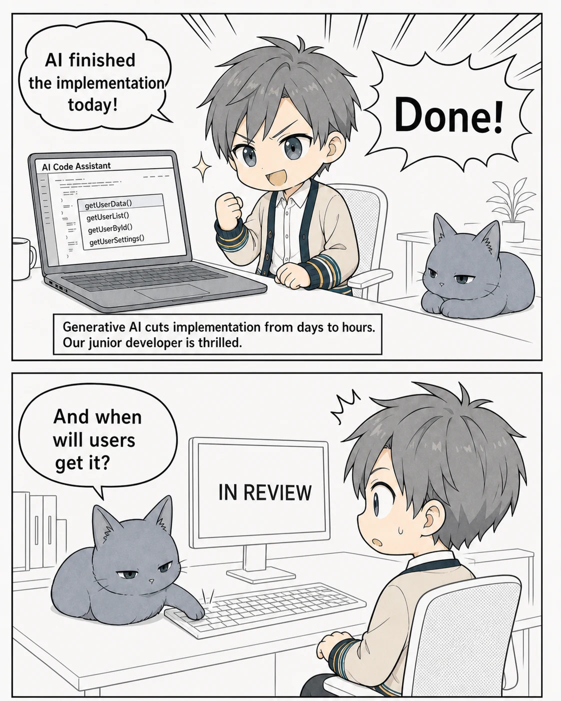 A developer celebrates finishing an AI-assisted implementation, only to find the release still waiting for store review.