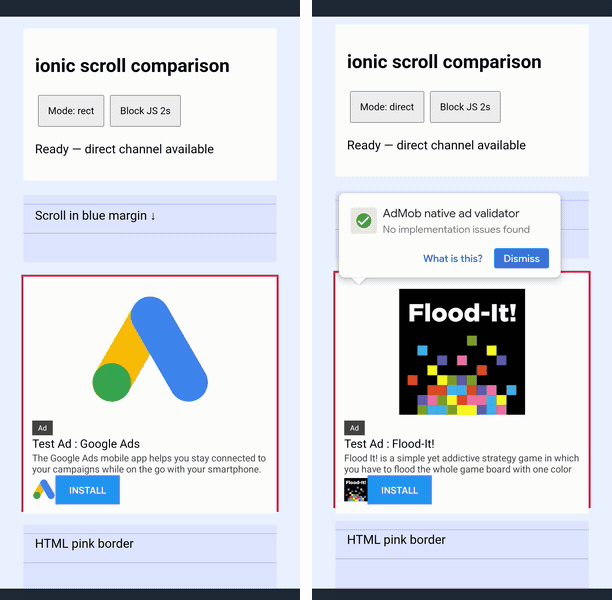 Android ion-content scroll tracking with the ordinary path on the left and the dedicated path on the right
