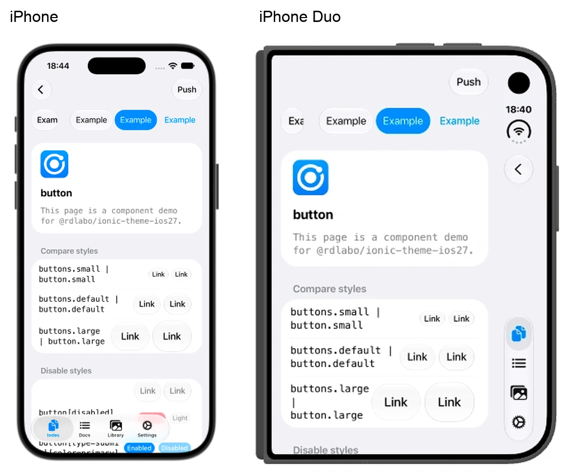 The same Button screen on a conventional iPhone, left, and a folded iPhone Duo, right, showing the back button and tab placement