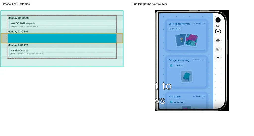 Apple’s diagrams side by side: iPhone X list cells and their content on the left, and Duo’s foreground including cards on the right