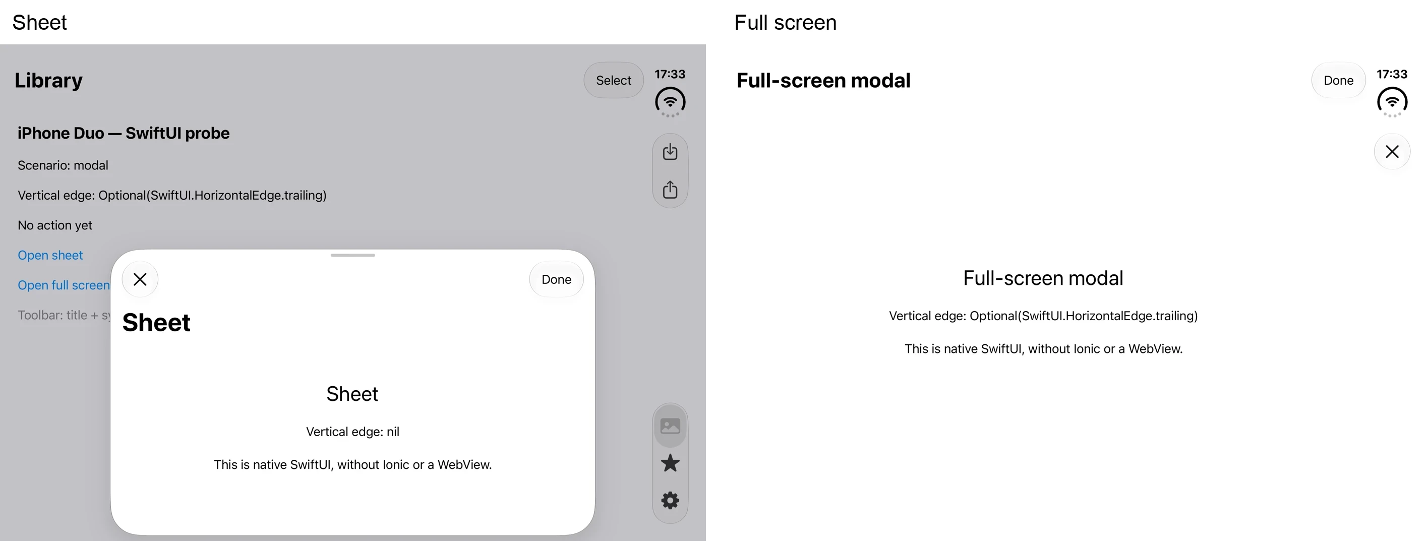 A centered sheet on the left and a full-screen modal on the right