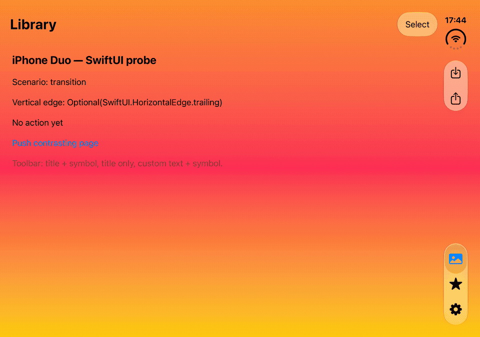 Standard SwiftUI push and back transitions: changing page colors also changes the background behind the vertical bars