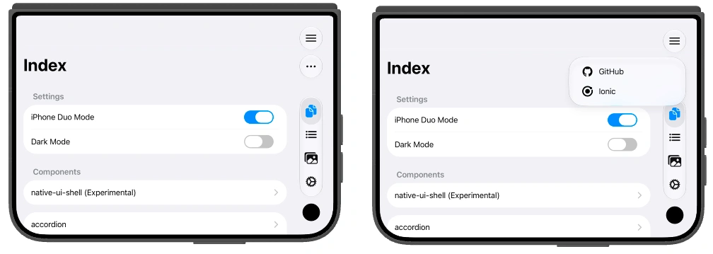 The ellipsis button on the left and its open menu on the right, showing the GitHub and Ionic action titles