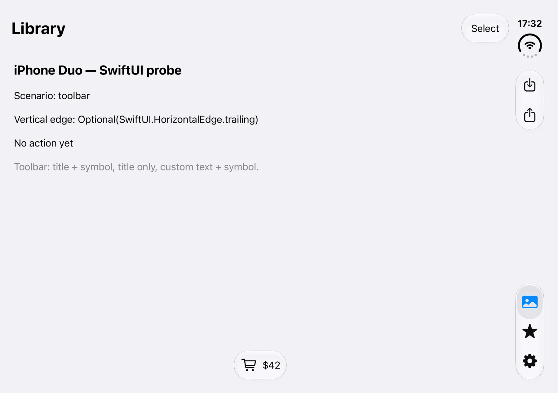 Actual SwiftUI layout: Select at the top right, Save and Share in the vertical bars on the right, and the cart with $42 at the bottom