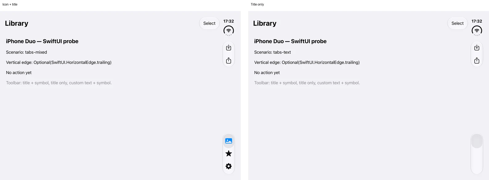 The same SwiftUI screen with icons and tab names on the left, and text-only tabs on the right