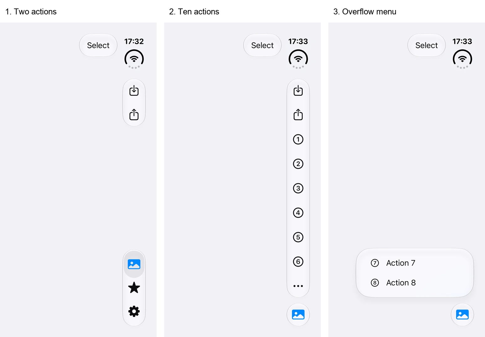 Increasing the action count in the same SwiftUI app: three tabs on the left, only the selected tab in the middle, and the overflow menu on the right